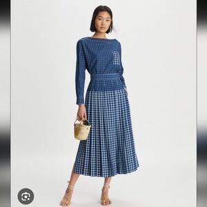 Tory Burch Navy Windowpane Plaid Silk Boatneck Top